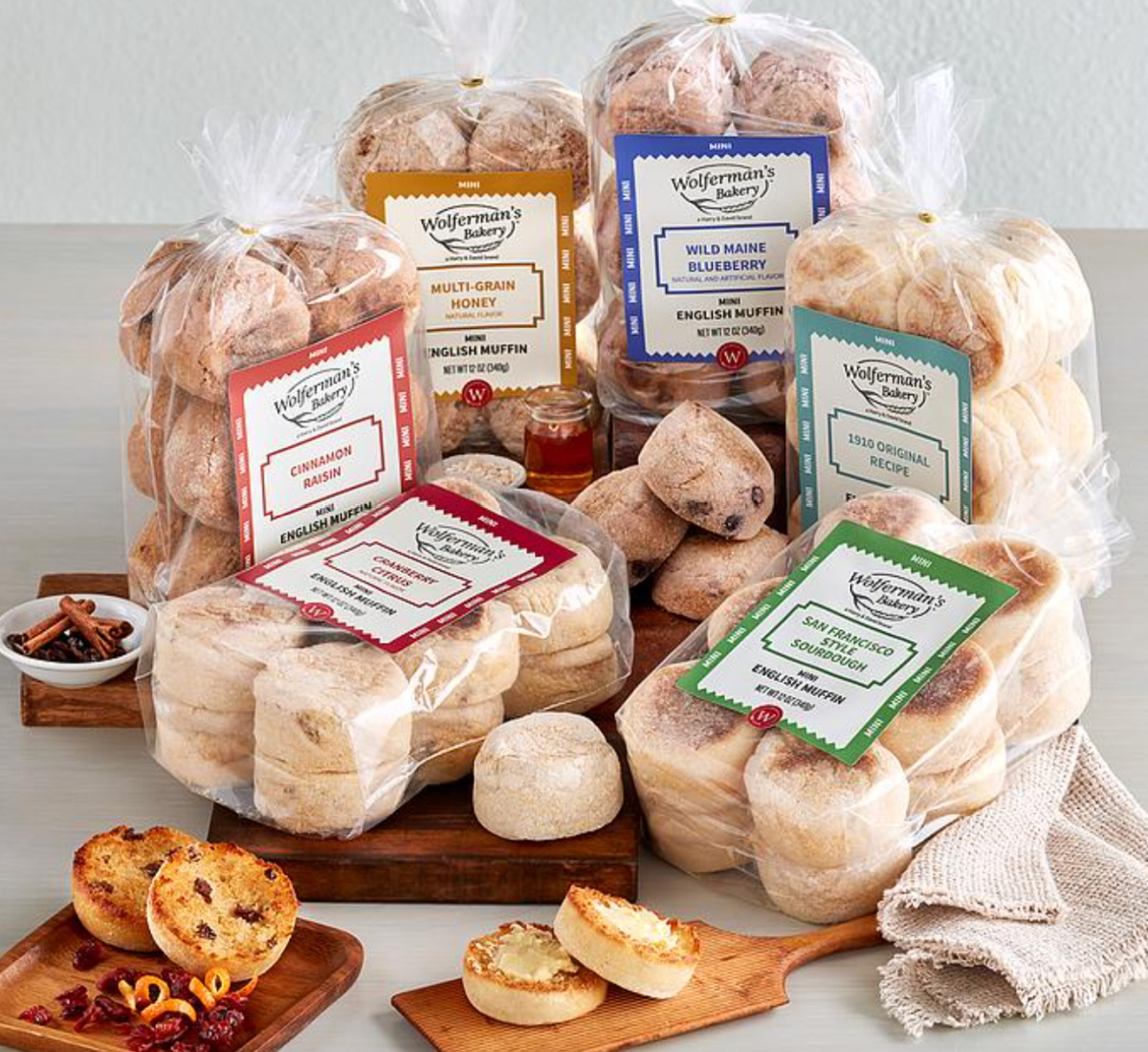 many packages of mini english muffins in bags