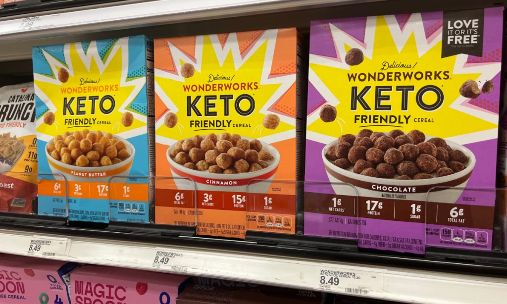 boxes of wonderworks keto cereal lined up on a target store shelf