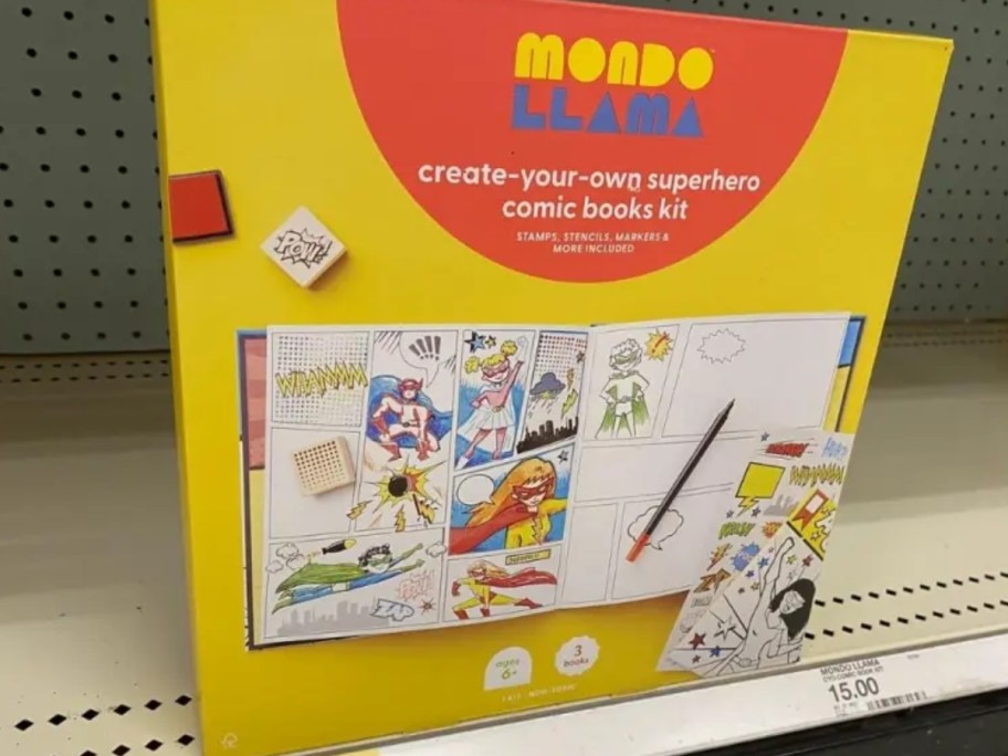 box with a Mondo Llama Create-Your-Own Superhero Comic Books Kit on a store shelf