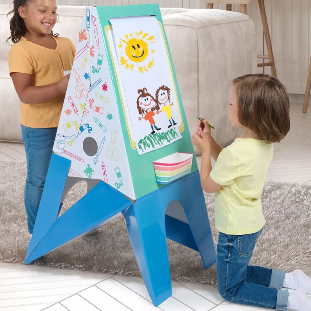 Two kids playing with a Pop2Play Two in One Easel