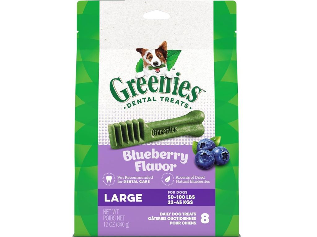 bag of Greenies Large Natural Dental Care Dog Treats Blueberry Flavor