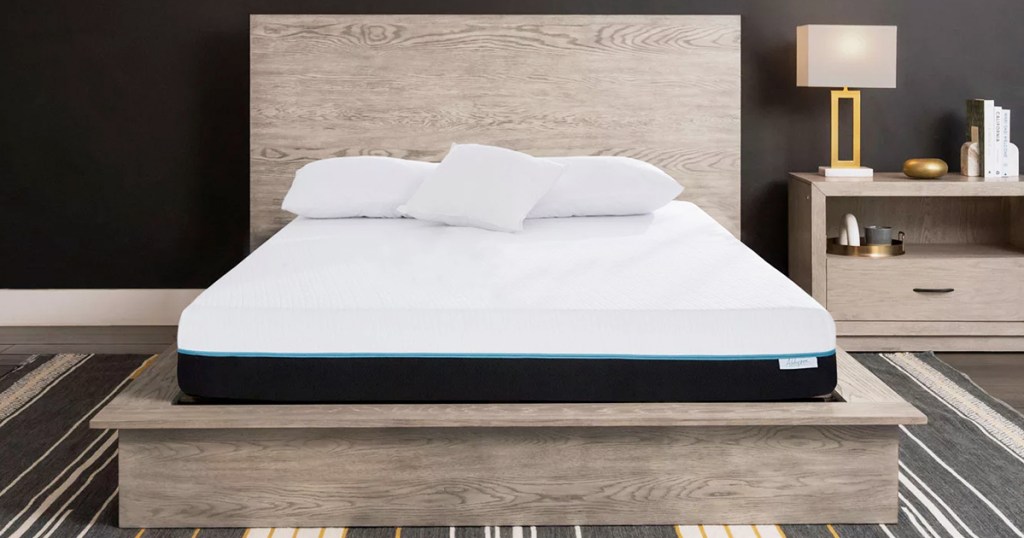 mattress on a wood bed frame with matching headboard
