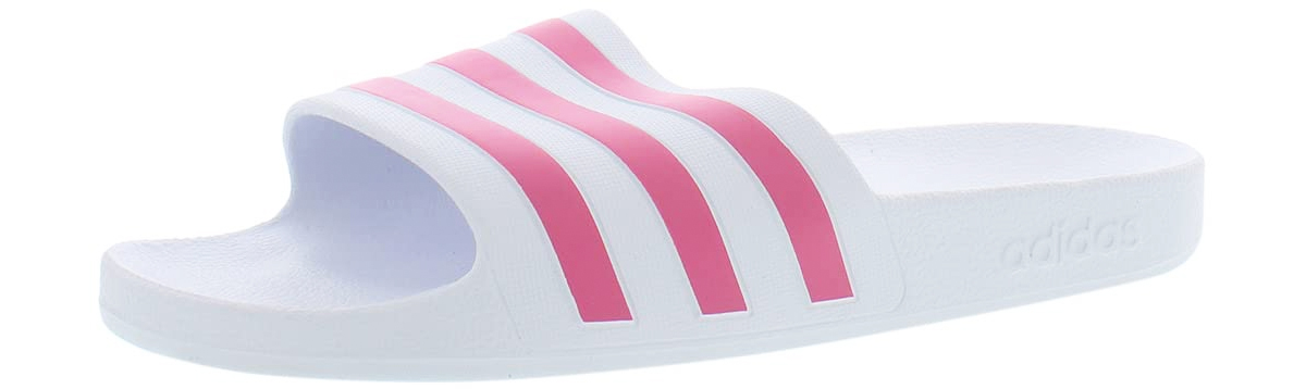 white adidas slide with pink stripes