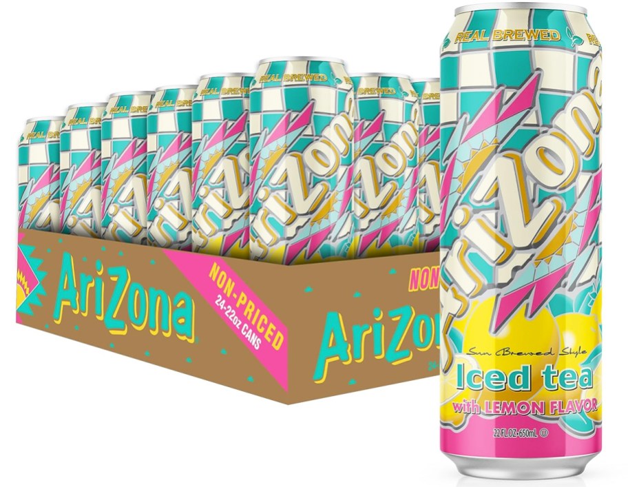 case of large cans of AriZona Iced Tea with can in front of it