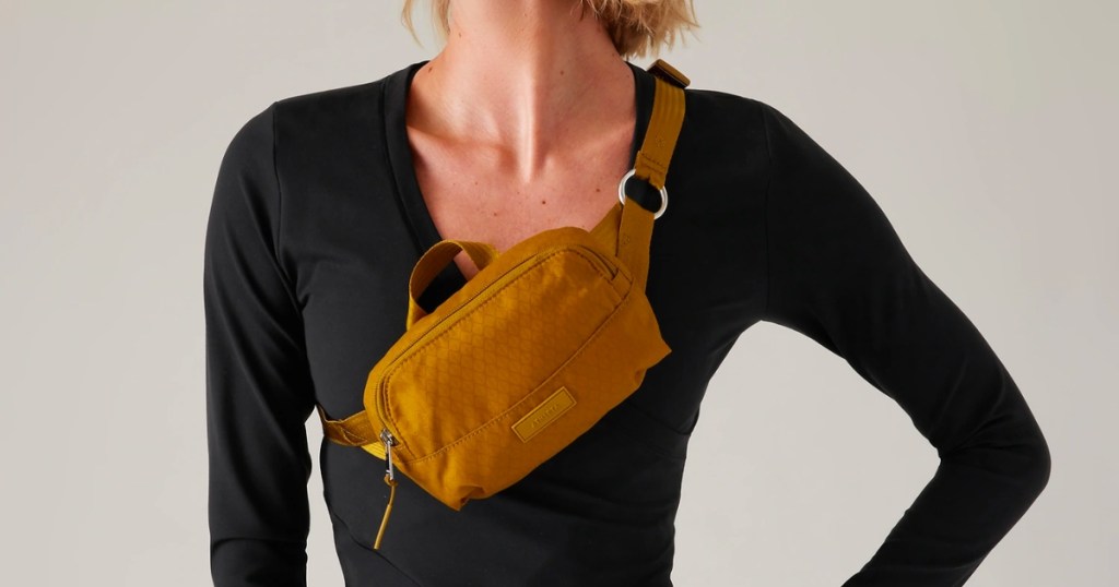 woman wearing Athleta Excursion Crossbody Belt Bag