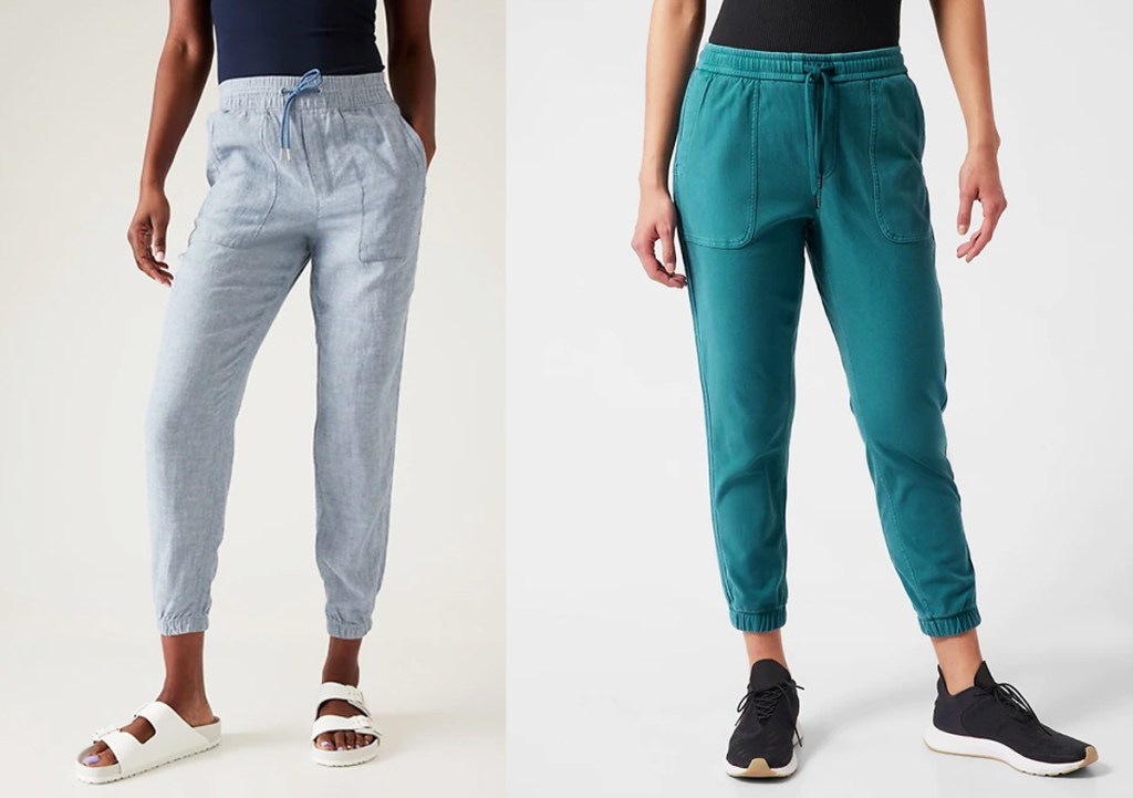 two women in light blue and teal joggers