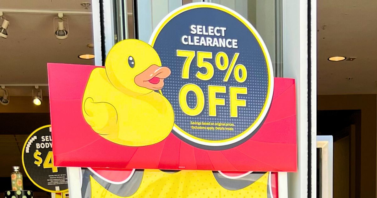 BBW 75% off select clearance sign in front of store