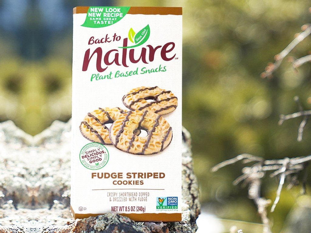 box of Back to Nature Fudge Striped Shortbread Cookies on a rock