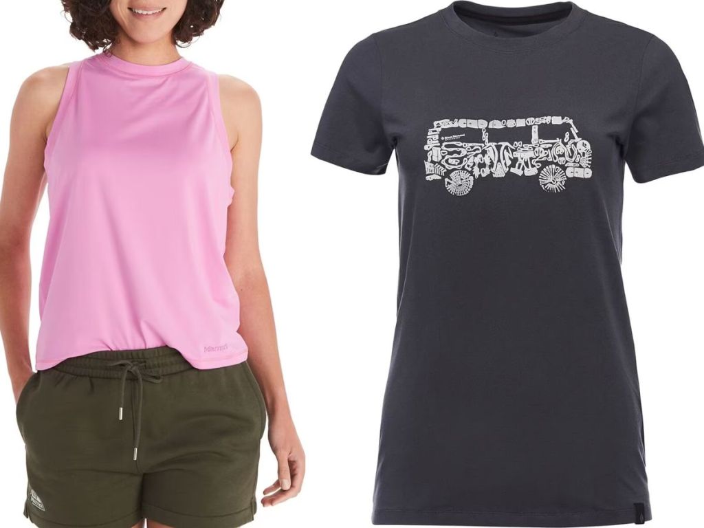 Stock images of a marmot tank top and a van life t-shirt