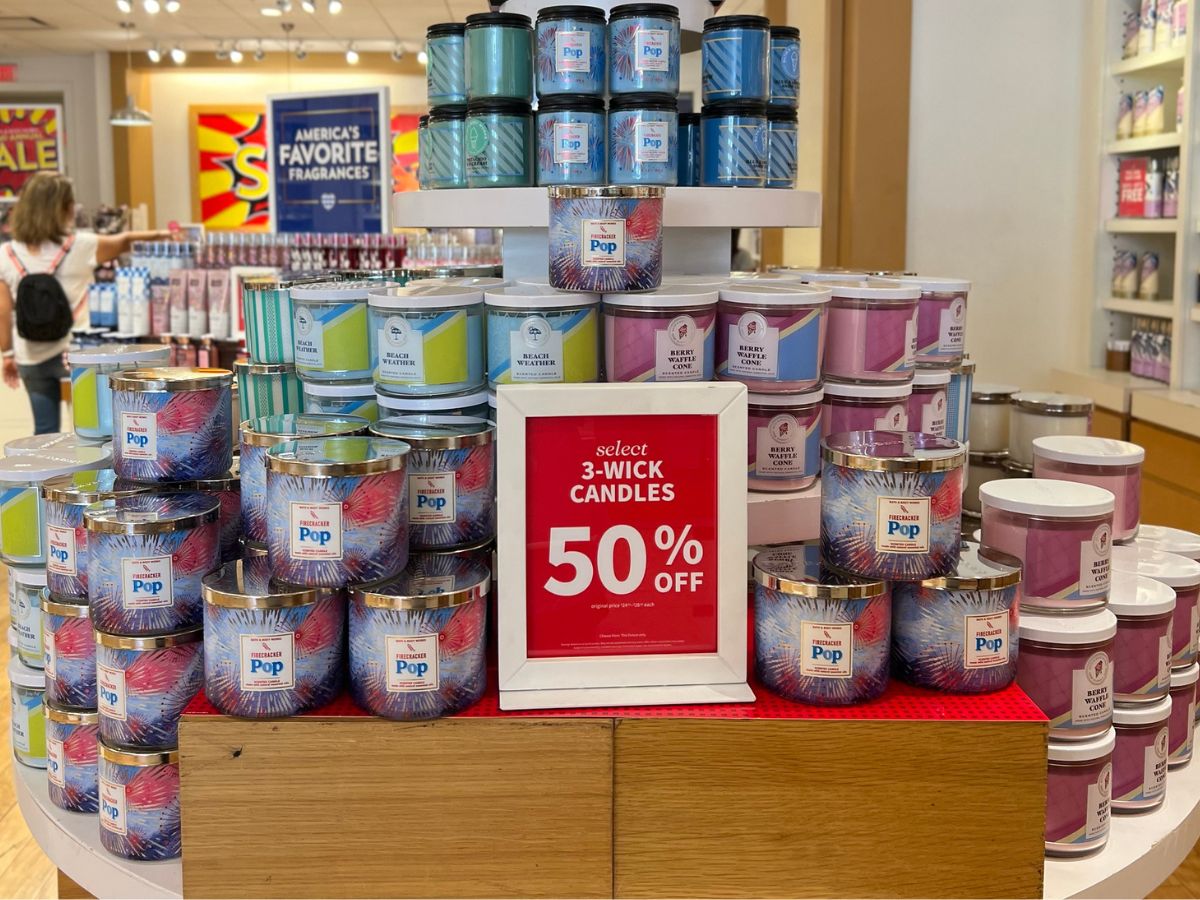Single and 3-wick candle display at Bath & Body works