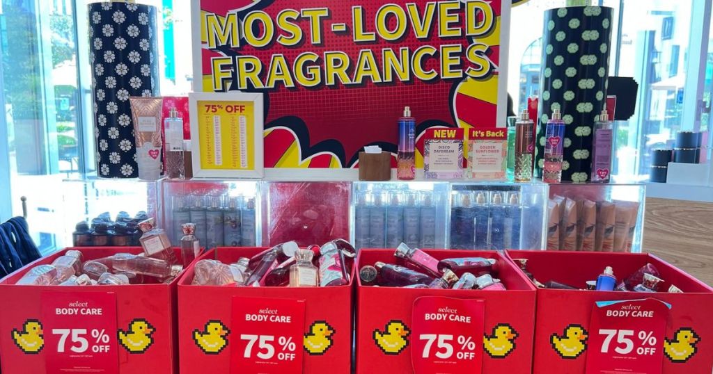In-store display at Bath & Body Works with 75% off body care items