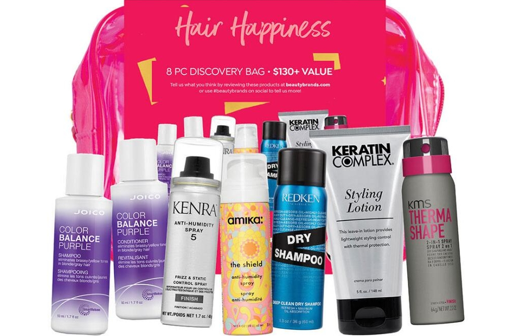 Beauty bag with travel size bottles of hair products