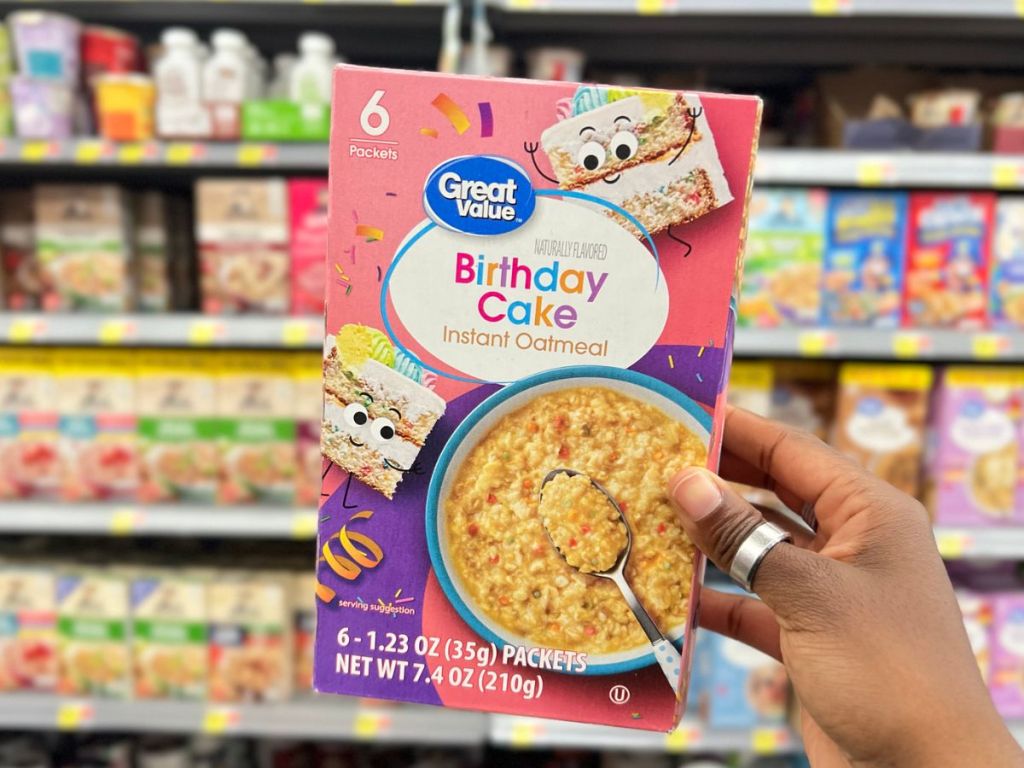 a box of birthday cake instant oatmeal 