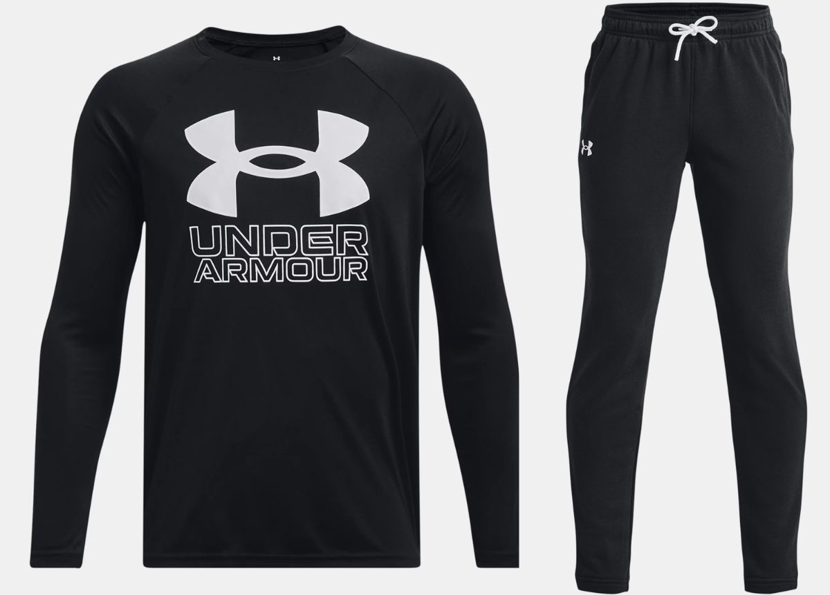 Boys' UA Tech Hybrid Print Fill Long Sleeve shirt in black with a white logo