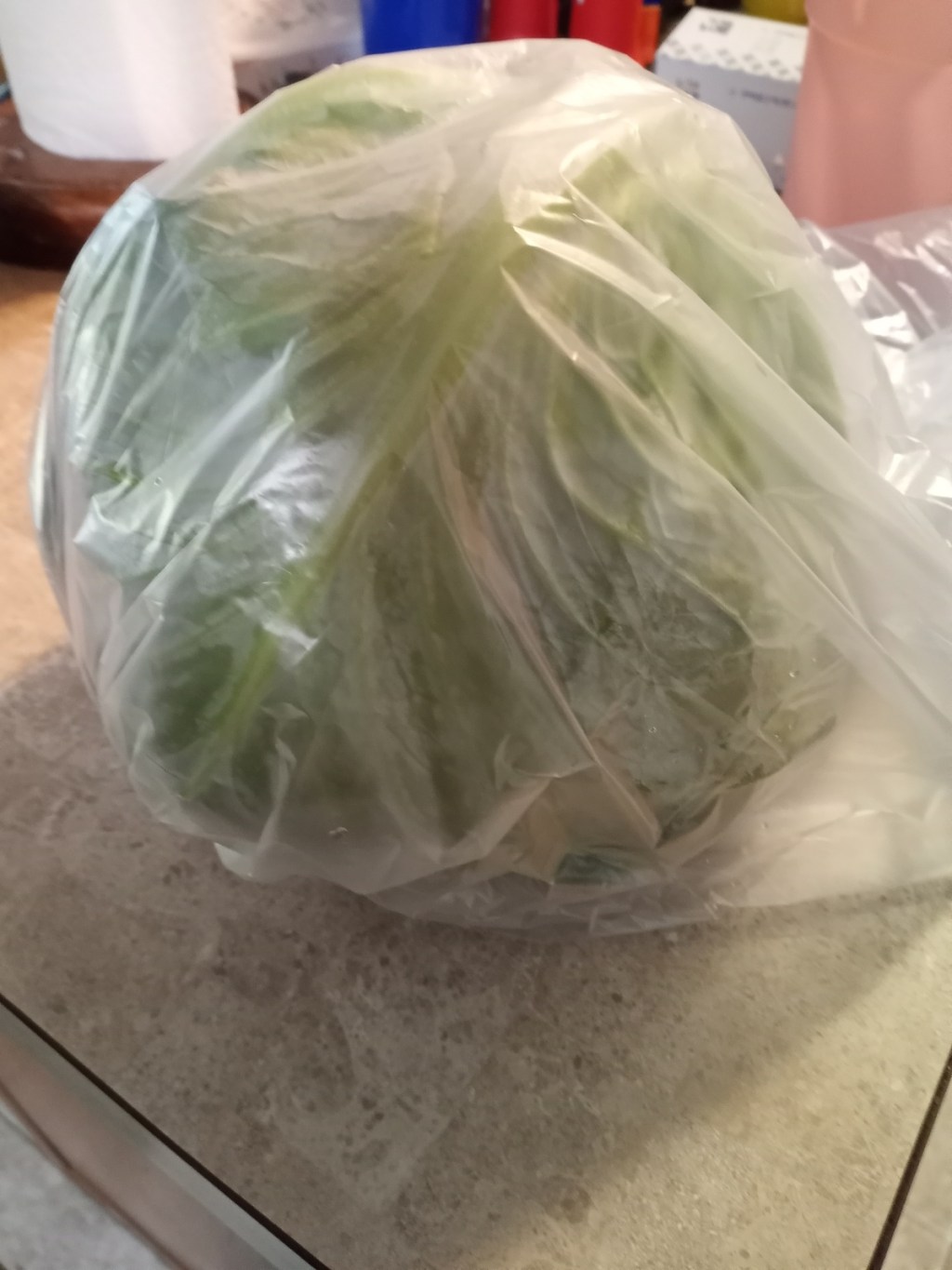 A head of cabbage sitting on a countertop