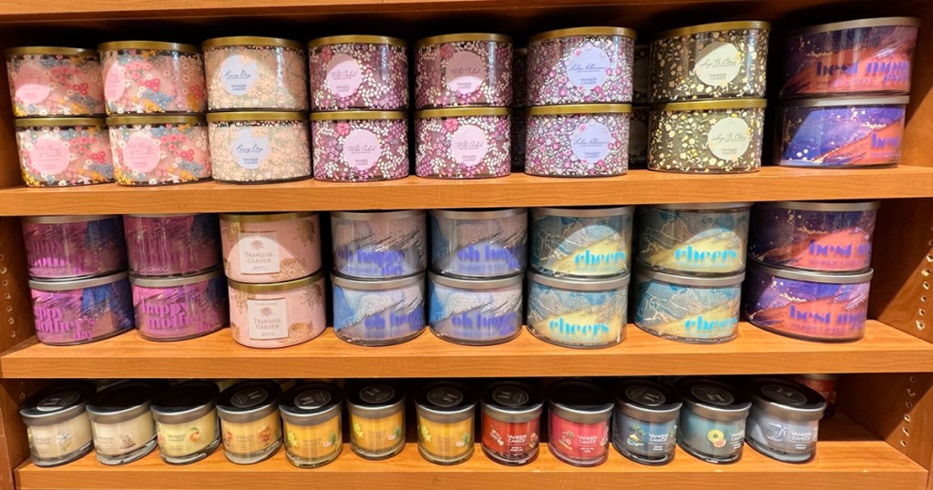 Assortment of candles in different sizes on sale at Yankee Candle