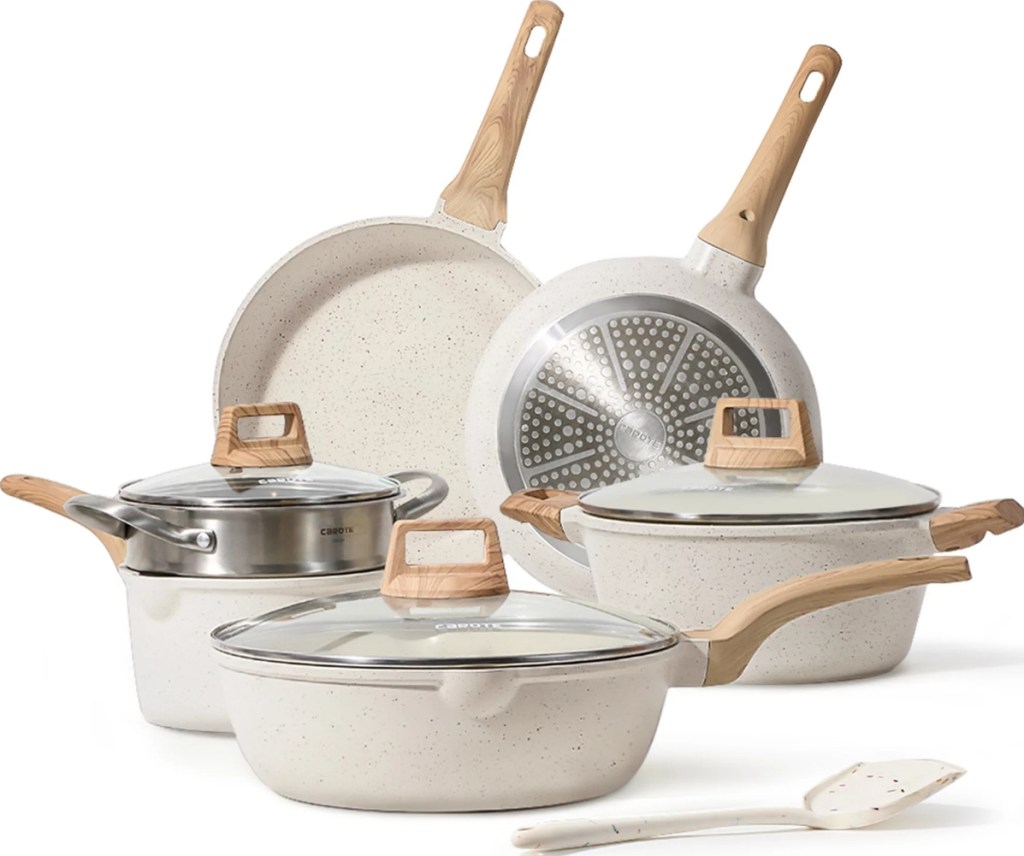 Tan cookware set with lids