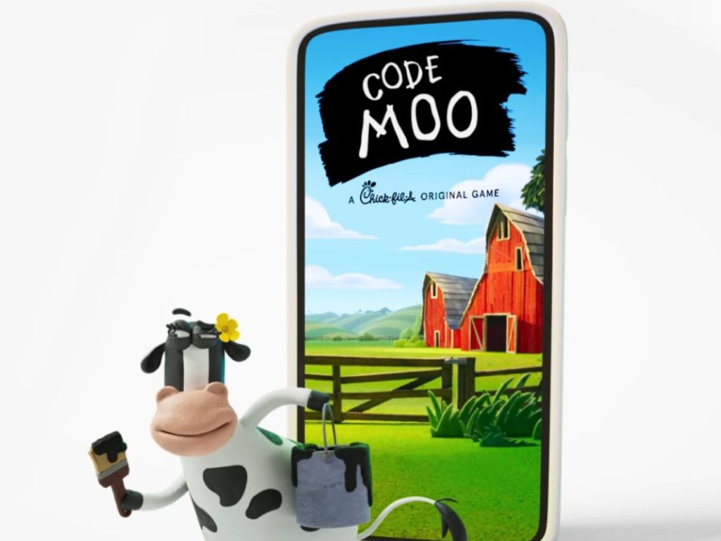 Code moo game on a phone with a cow