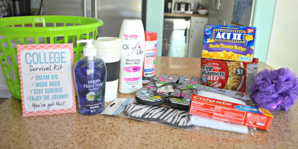 A DIY College Survival Kit spread out on a kitchen counter