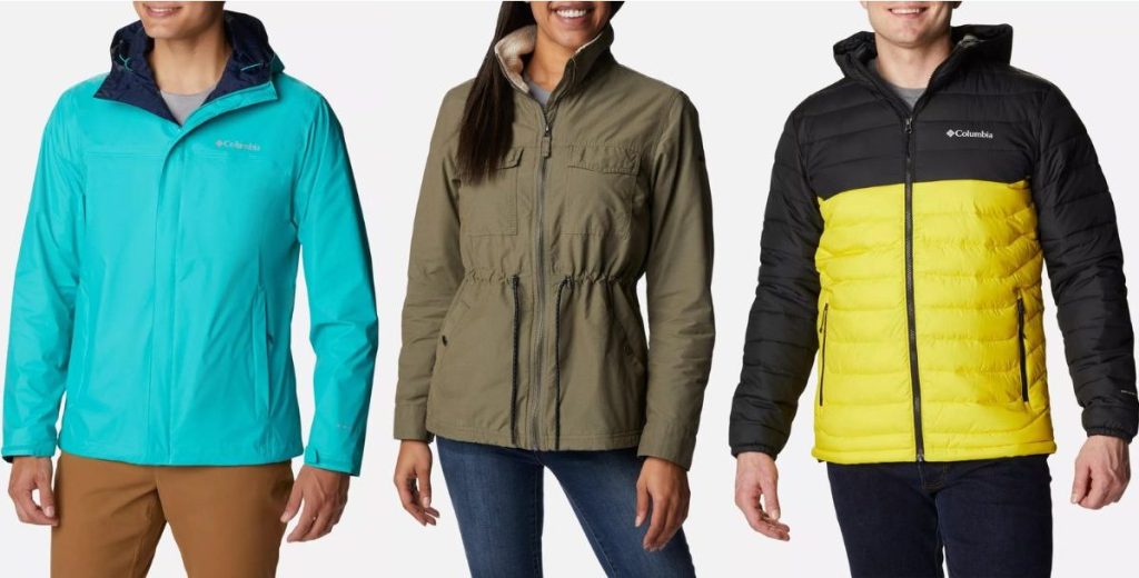 Stock images of three Columbia jackets for men and women