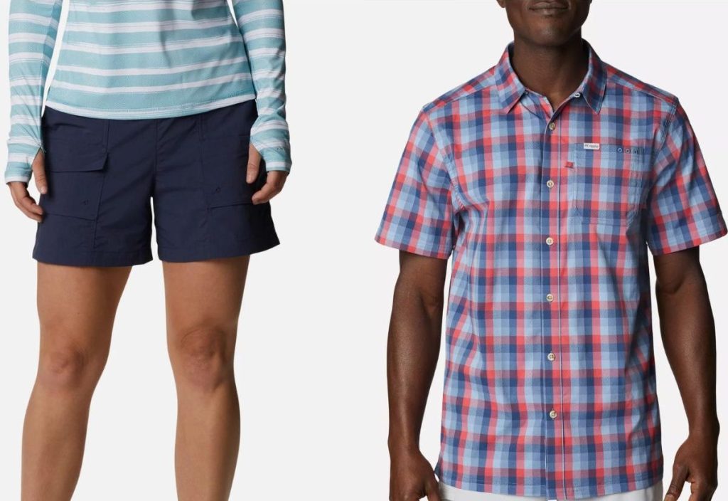 Stock images of Columbia shorts for women and a button-down for men