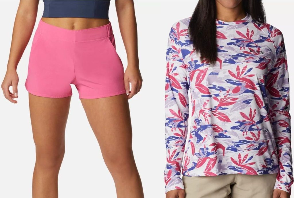 Stock images of Columbia women's shorts and long sleeve shirt