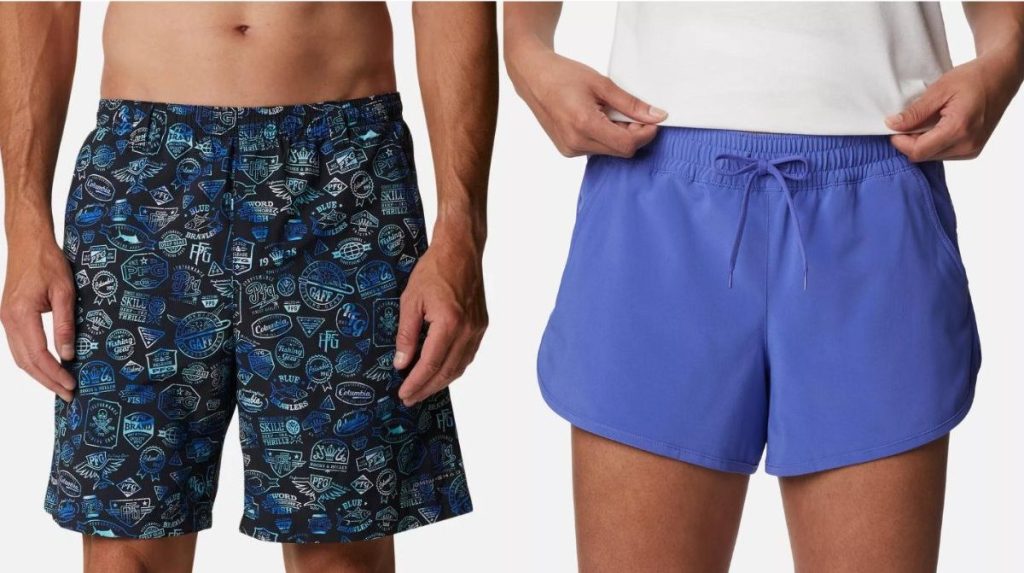 Stock images of Columbia men's swim shorts and women's running shorts