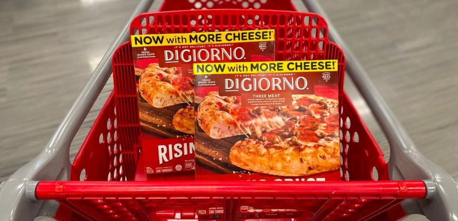 two DiGiorno rising crust pizzas in a target shopping cart