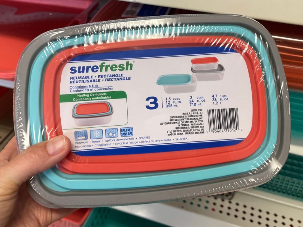 Hand holding a 3-pack of food storage containers at Dollar Tree