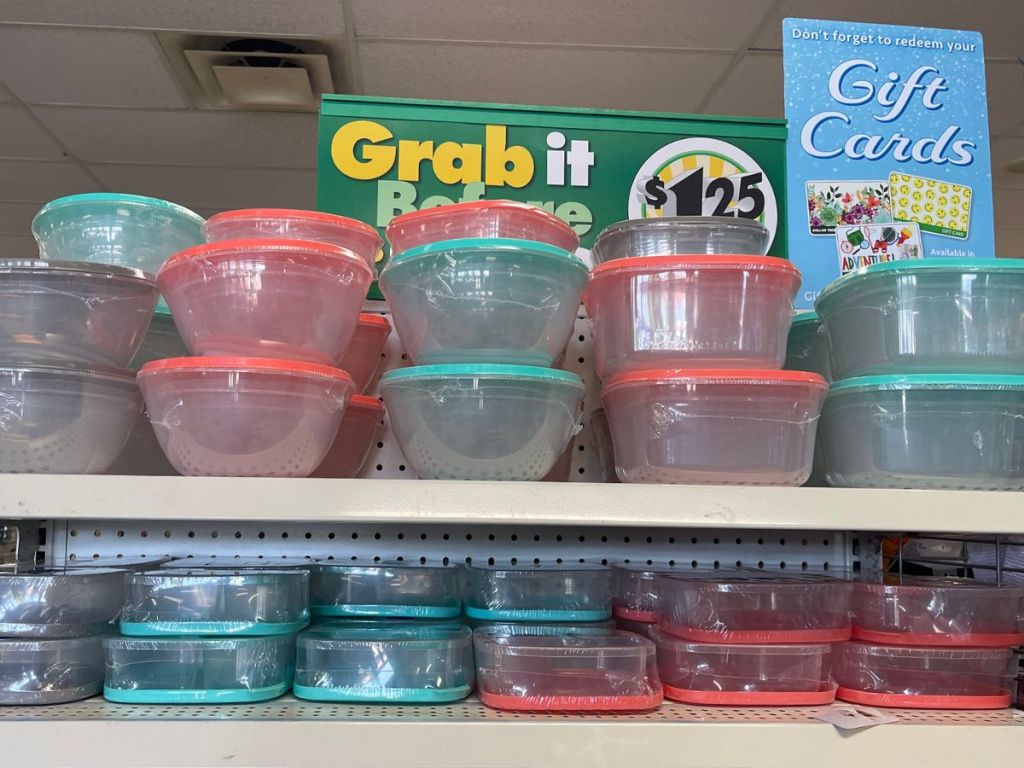 Shelves of food storage items at Dollar Tree