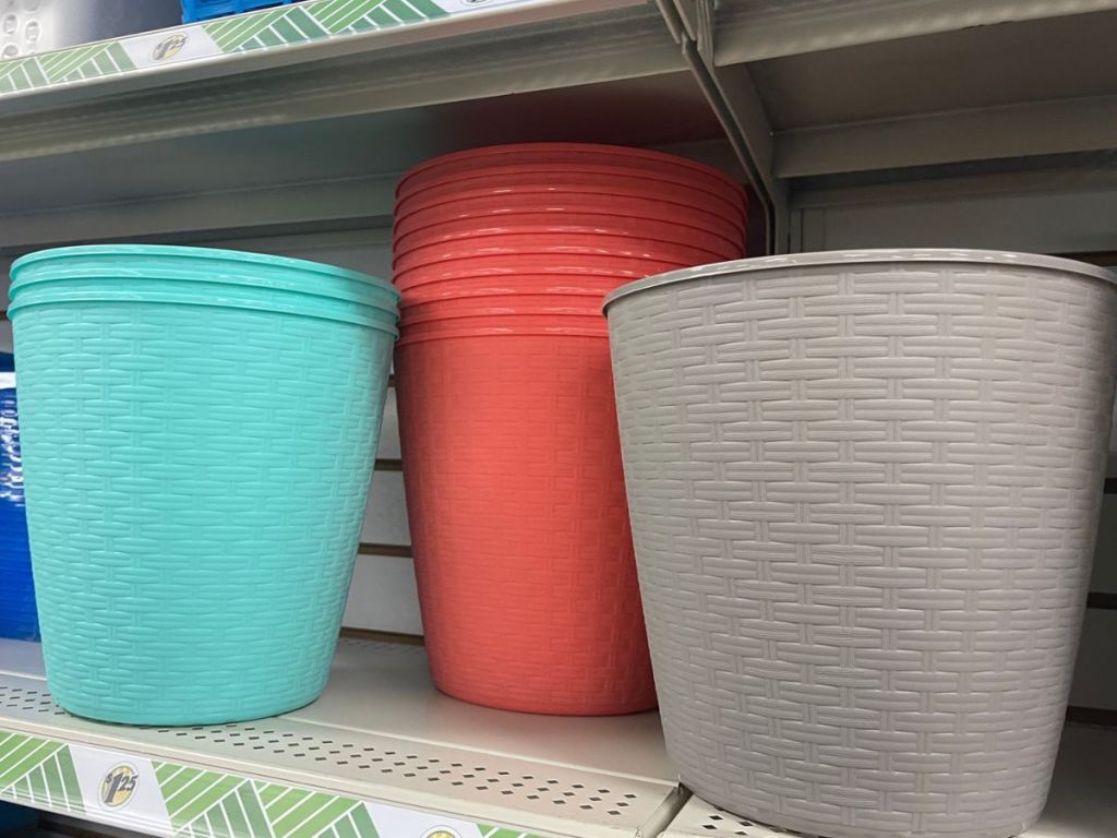 Shelf full of colorful wastebaskets at Dollar Tree