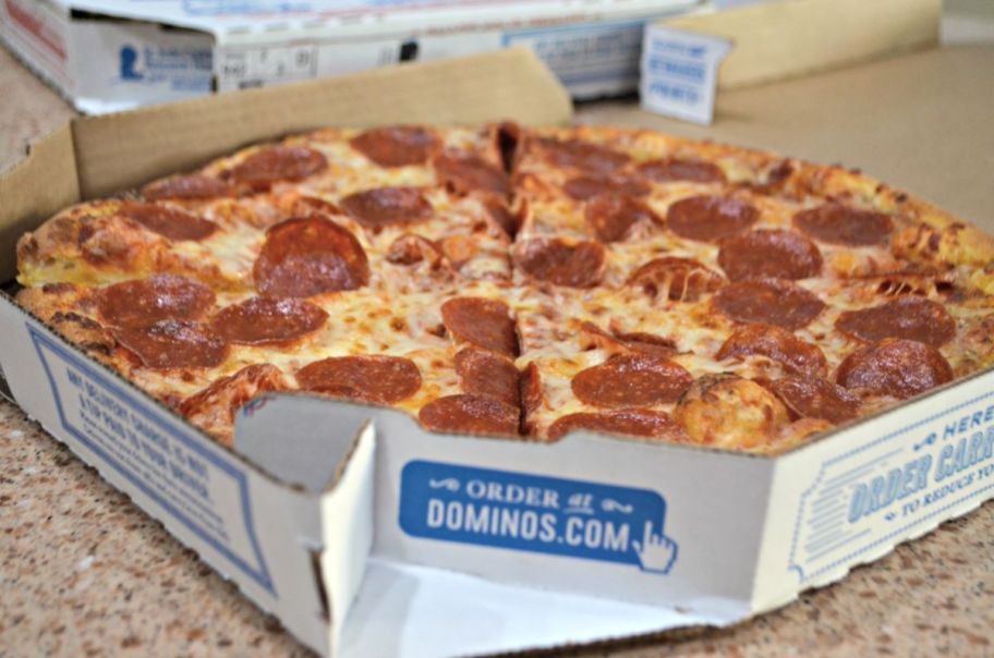 Domino's pepperoni pizza in a pizza box