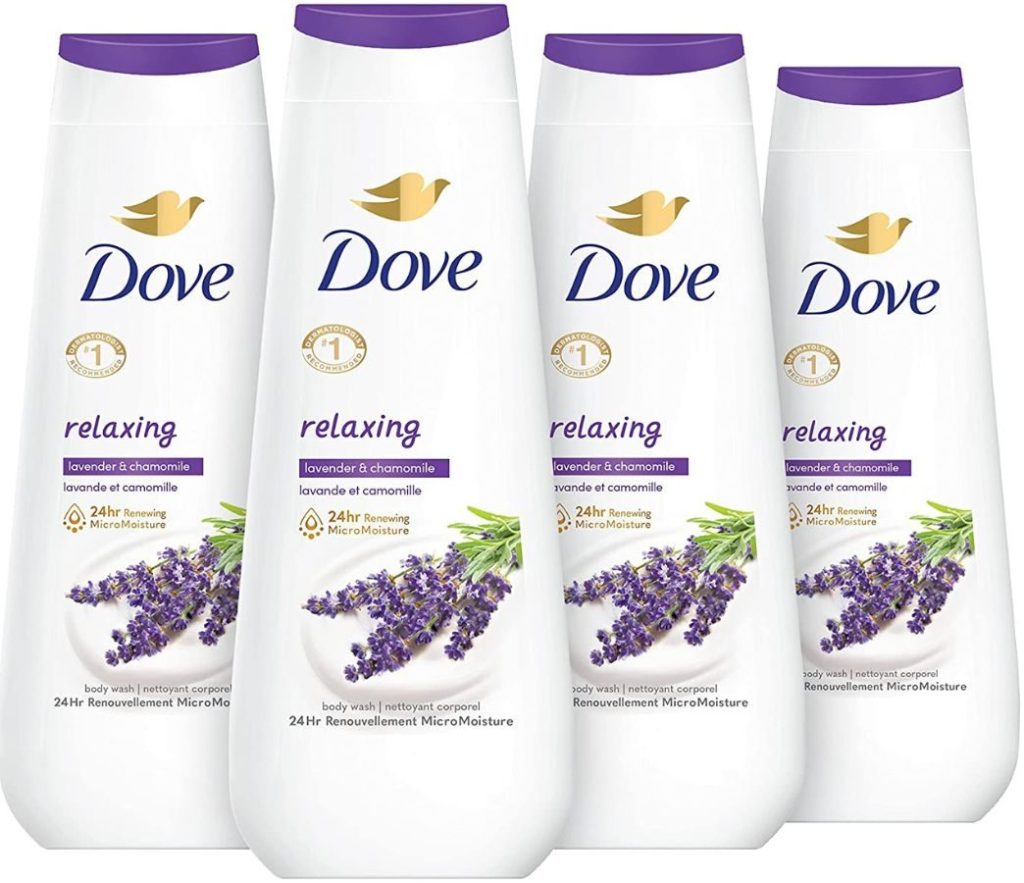 4 bottles of Dove relaxing lavender body wash