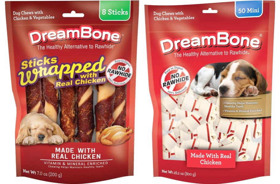 two red bags of DreamBone Dog Treats
