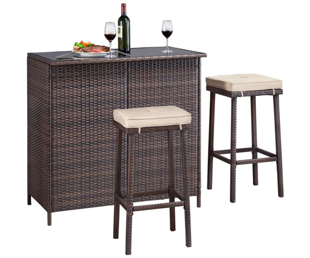 Easyfashion 3-Piece Outdoor Rattan Wicker Bar Set - Front of Bar Set with stools