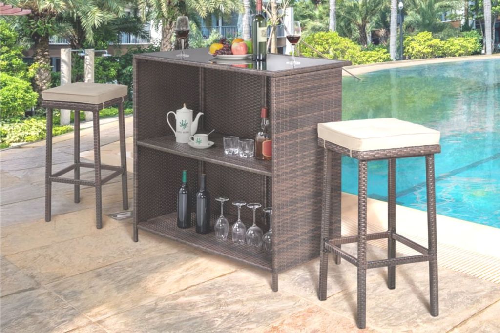 Easyfashion 3-Piece Outdoor Rattan Wicker Bar Set shown by a swimming pool
