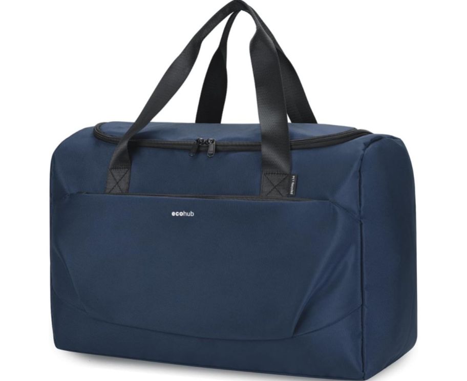 blue carry on duffle on white background