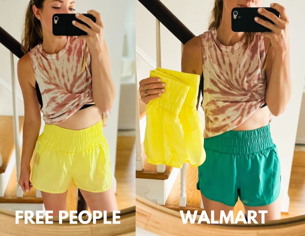 comparison photos of woman taking selfie in mirror wearing yellow and blue shorts