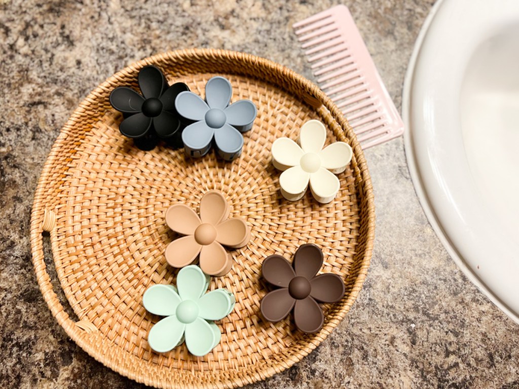 different colored Flower Hair Clips in basket