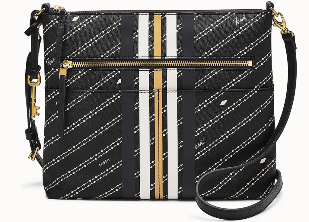 black crossbody bag with vertical stripes