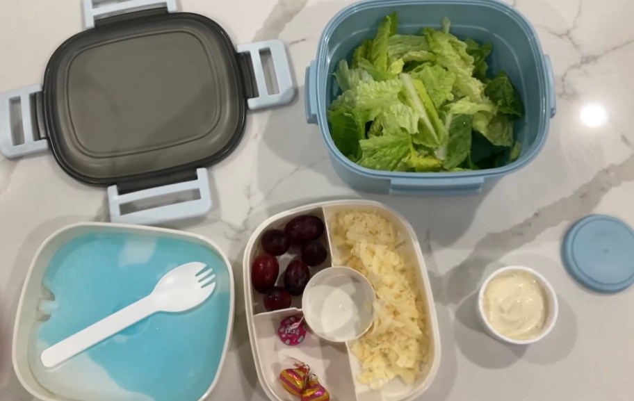 various pieces of salad container on kitchen countertop