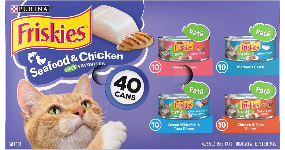 A 40 count box of Friskies Seafood and Chicken Pate