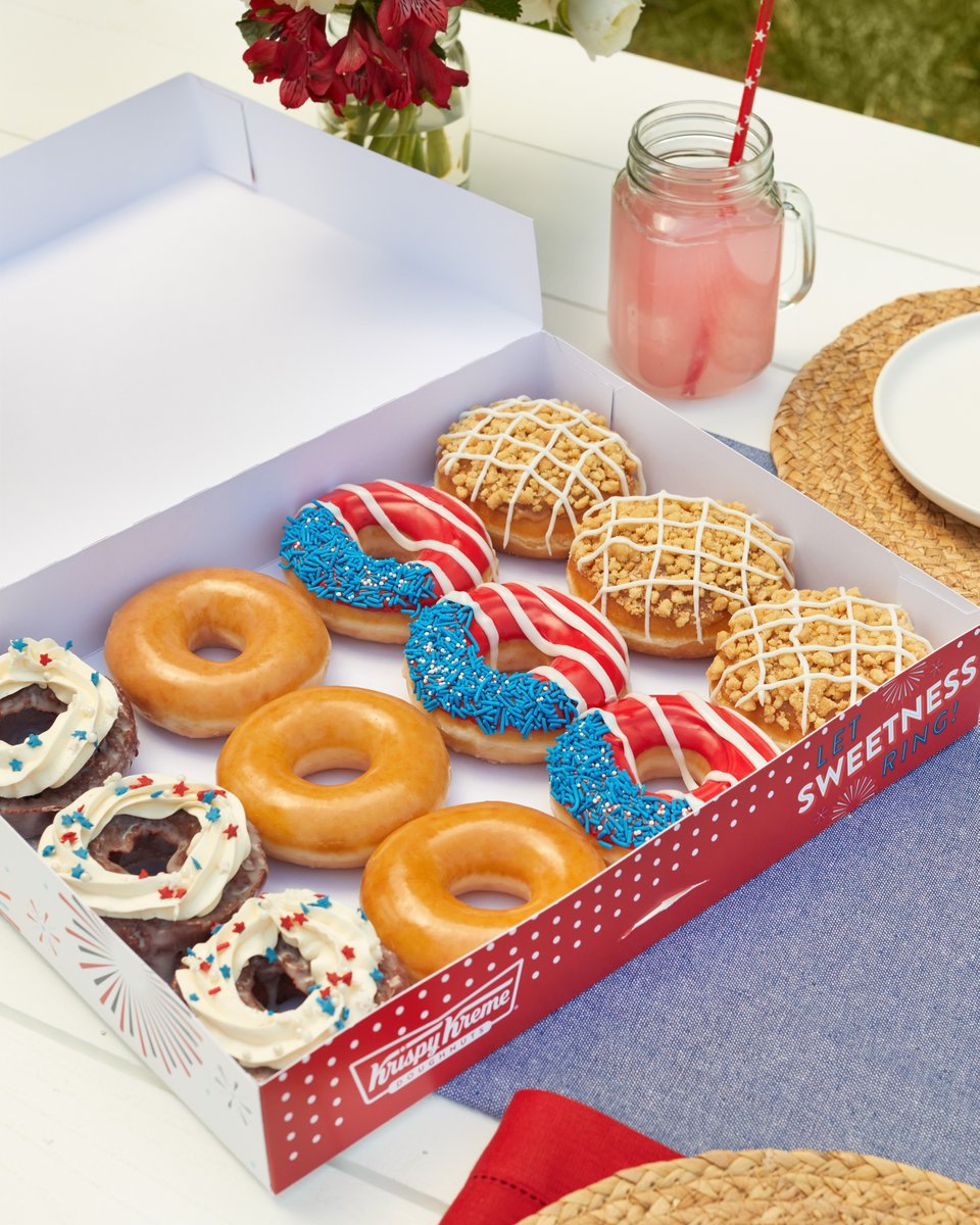 Box of 4th of July themed Krispy Kreme doughnuts