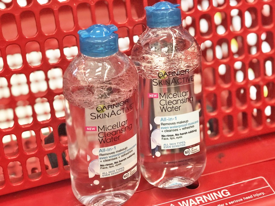 two bottles of Garnier Micellar Water in red shopping cart