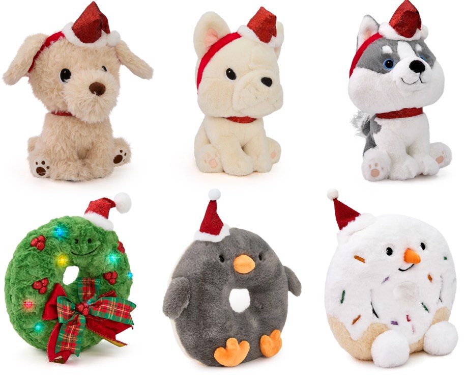 Geoffrey's Toy Box 10in Golden Retriever, French Bulldog, and Husky with Christmas Hat, Star Brights 12 LED Light-Up Holiday Wreath, Tasties 10in Donut Holiday Penguin, and Donut Holiday Snowman Plush Toys