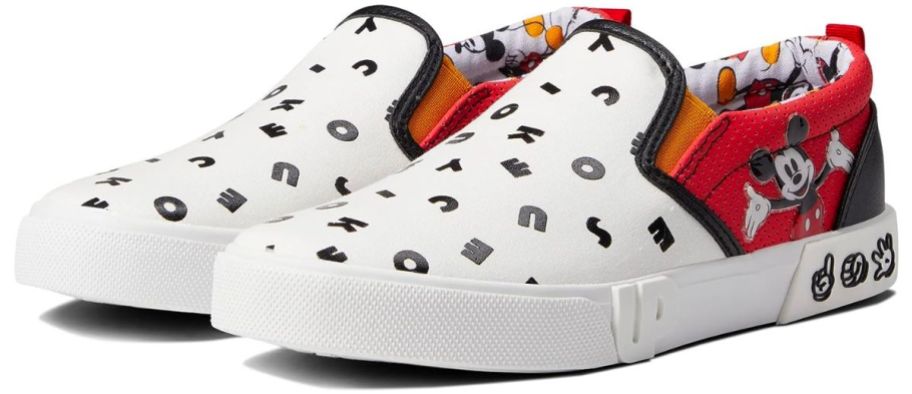 white and black Ground Up Mickey Mouse Letter Slip On shoes