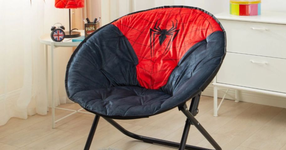 black and red Spiderman large saucer chair in a bedroom