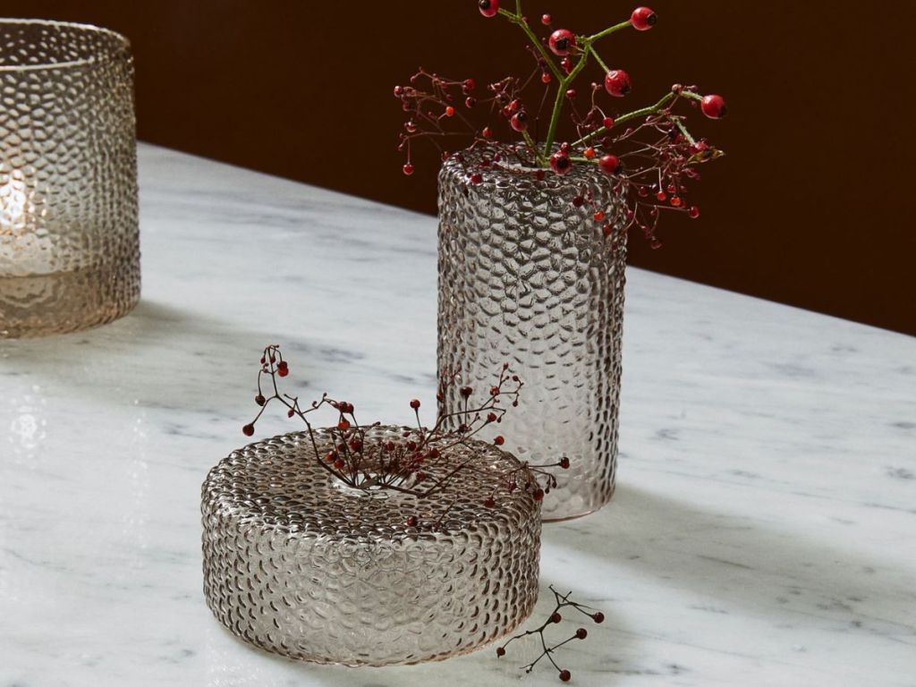 H&M Small Glass Vase & Tall Glass vase shown on counter with flowers