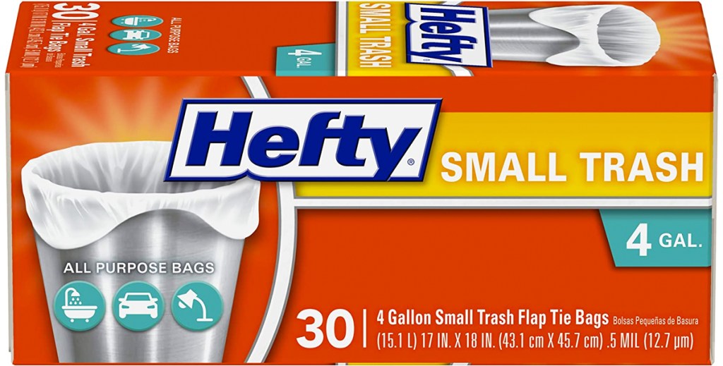 red box of Hefty 4-Gallon Flap Tie Trash Bags