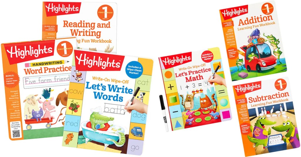 two 3-pack sets of highlights practice books